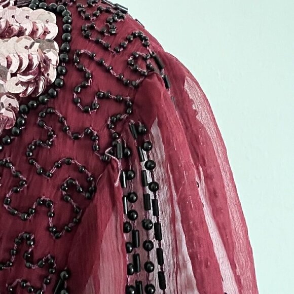 Vintage 90s Jennifer by KVM Party Dress Size M Cranberry Sequin Embroidered Silk - Picture 9 of 16